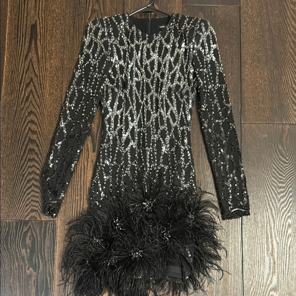 Nadine Merabi Black and Silver Sequin Dress with Feather Detail